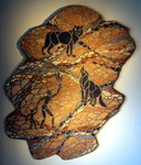 Mosaikkunst aus handbearbeiteten Fliesenstücken auf Spanplatte,linkes Bild des Triptychons "Steinzeit-Die Jagd",mit Aufhängevorrichtung, 75 / 90 cm, UNIKAT, PREIS auf Anfrage